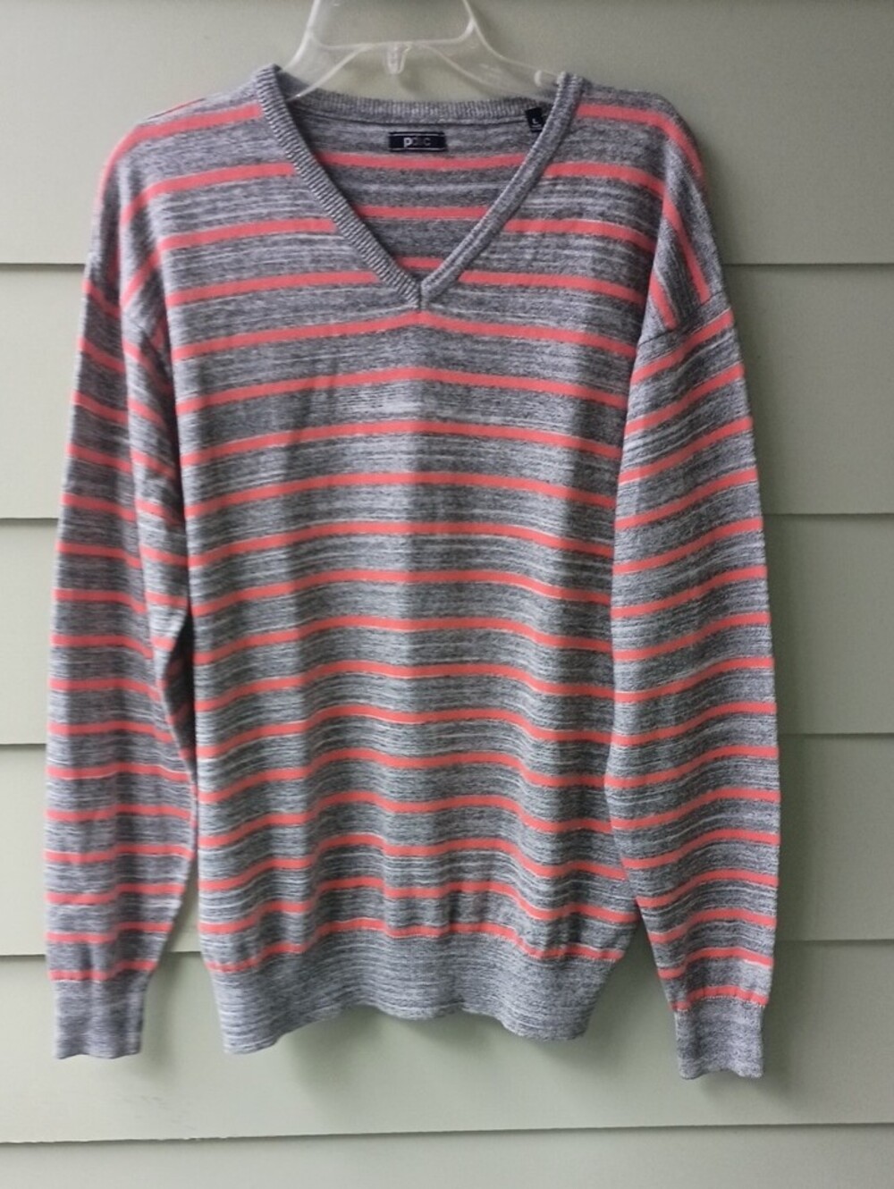 PD&C Mens Gray and Coral Striped V-Neck Long Sleeve Sweater Sz L